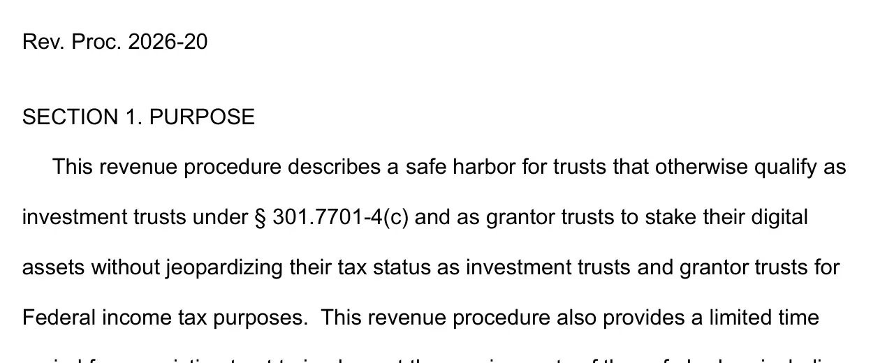 Opening page of IRS Rev. Proc. 2026-20 showing section 1, the purpose of the staking safe harbor