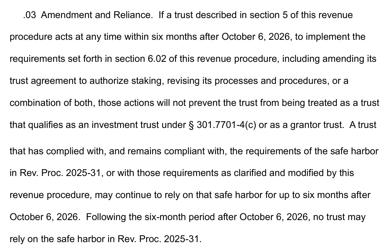 Section 6.03 of IRS Rev. Proc. 2026-20 on the six-month amendment and reliance period