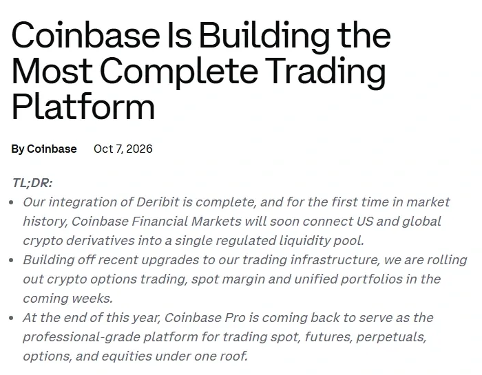 Top of Coinbase's October 7 2026 blog post with the summary of the Deribit integration and Coinbase Pro return