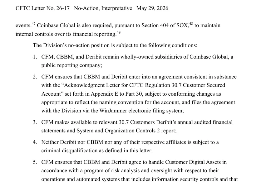 Page 14 of CFTC Letter 26-17 listing the conditions on the no-action position for Coinbase Financial Markets