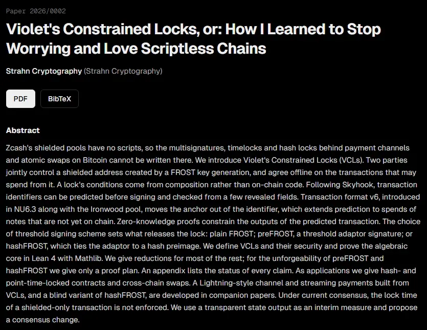 Abstract of the paper Violet's Constrained Locks, paper 2026/0002, on swiss papers by Strahn Cryptography