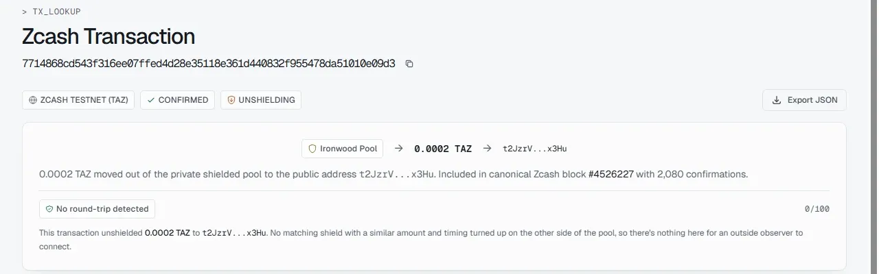Cipherscan testnet page for the setup transaction showing 0.0002 TAZ moving from the Ironwood pool to a transparent address in block 4526227