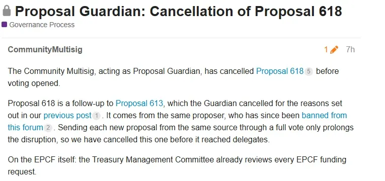 Compound forum post by the Community Multisig announcing the Proposal Guardian cancelled Proposal 618 before voting opened