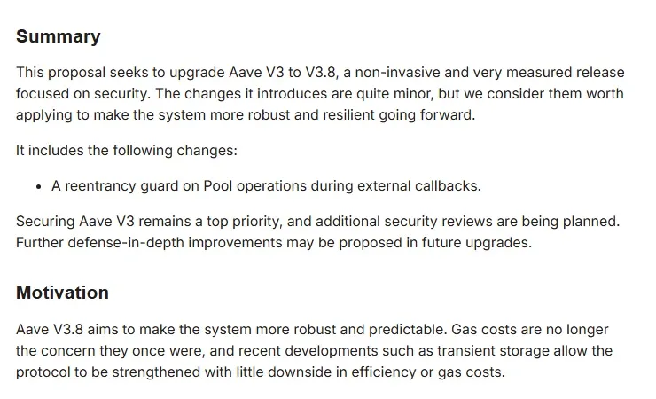 Aave governance forum ARFC Aave V3.8 summary, motivation and reentrancy hardening sections
