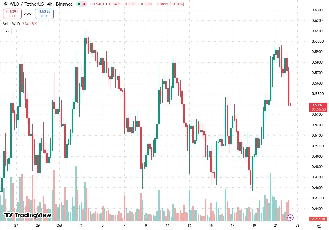 TradingView 4 hour chart of WLD USDT on Binance read at 08:05 UTC on October 22 2026