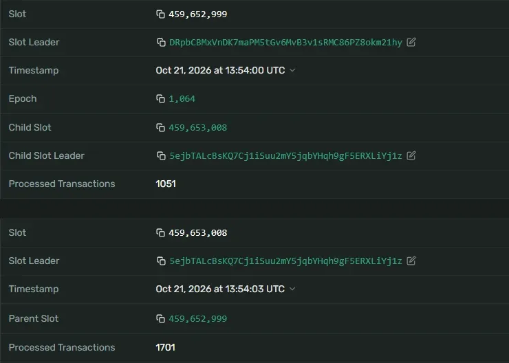 Solana Explorer rows for slot 459652999 and slot 459653008 showing timestamps, child and parent slot and processed transactions