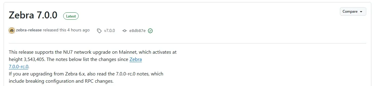 Zebra 7.0.0 release page on GitHub stating the release supports NU7 on Mainnet at height 3,543,405