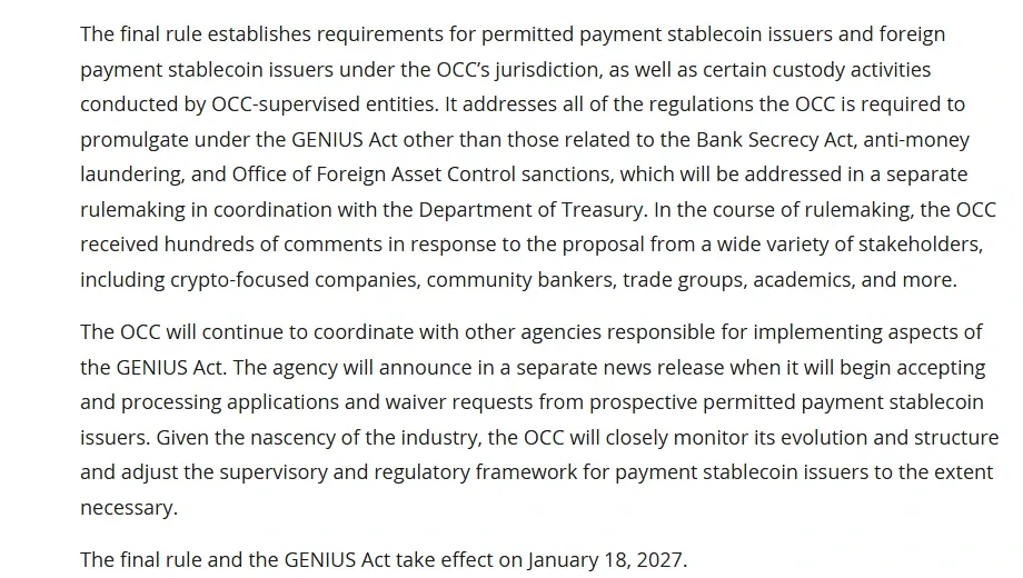 OCC news release 2026-92 closing paragraphs stating the final rule and the GENIUS Act take effect on January 18, 2027