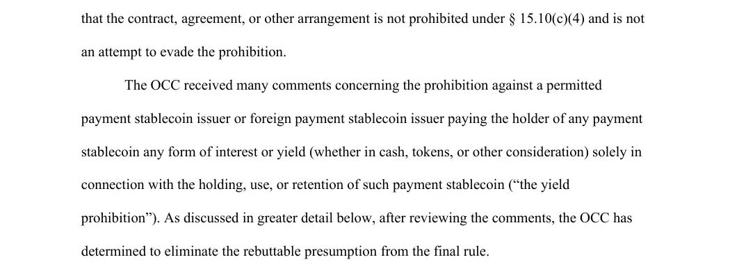 Page 98 of the OCC final rule PDF stating the OCC has determined to eliminate the rebuttable presumption from the final rule