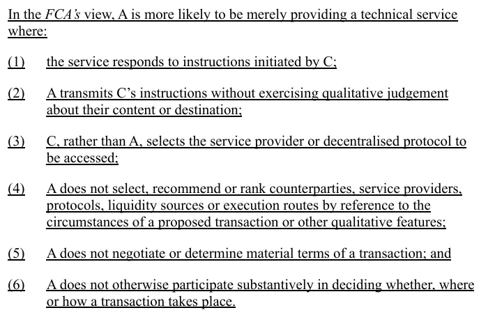 Draft FCA guidance listing six factors for when a provider is merely providing a technical service