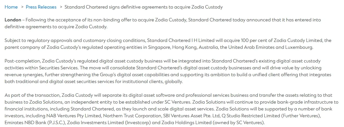 Standard Chartered press release of October 21 announcing definitive agreements to acquire Zodia Custody