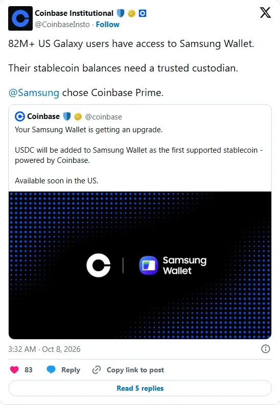 Coinbase Institutional post saying Samsung chose Coinbase Prime, quoting Coinbase on USDC in Samsung Wallet