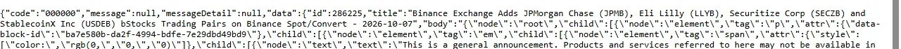 Binance public API record of the October 7, 2026 bStocks listing announcement for JPMB, LLYB, SECZB and USDEB