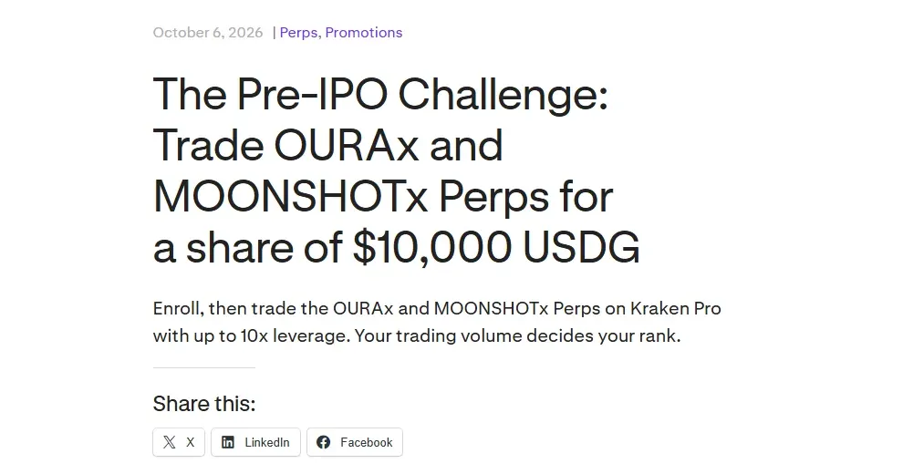 Kraken blog post announcing the Pre-IPO Challenge for OURAx and MOONSHOTx perps with a $10,000 USDG prize pool