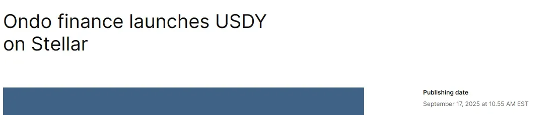Stellar press page announcing Ondo Finance launching USDY on Stellar, dated September 17, 2025