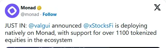 Monad post on X announcing xStocks deploying natively on Monad with over 1100 tokenized equities