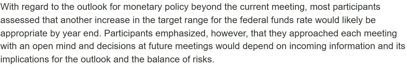 Federal Reserve minutes passage saying most participants saw another rate increase as likely appropriate by year end