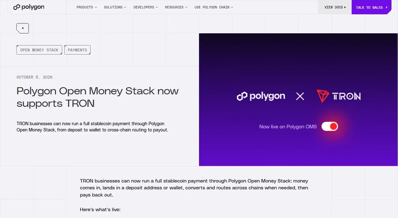 Polygon blog post announcing Open Money Stack support for TRON dated October 8 2026