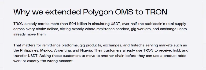 Polygon post section saying TRON carries more than 94 billion dollars of circulating USDT