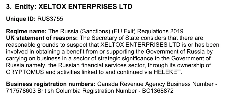 UK sanctions notice entry for Xeltox Enterprises Ltd with the statement of reasons naming Cryptomus and Heleket