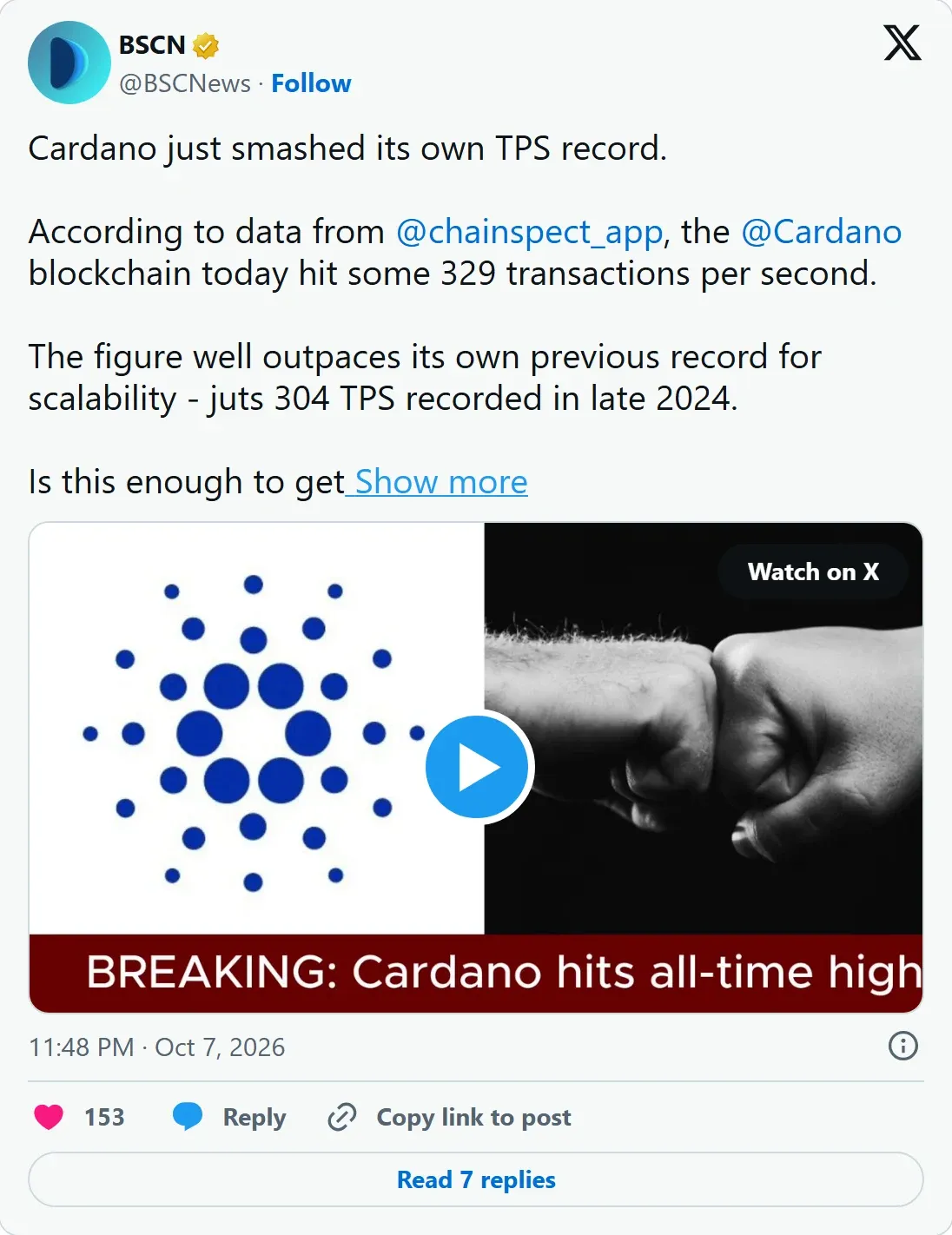BSCN post on X claiming Cardano hit 329 transactions per second