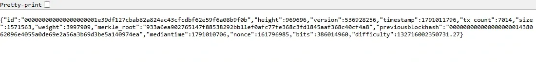 Blockstream API record for Bitcoin block 969696 with timestamp and difficulty