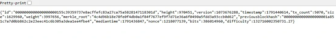 Blockstream API record for Bitcoin block 970451 the chain tip on October 8