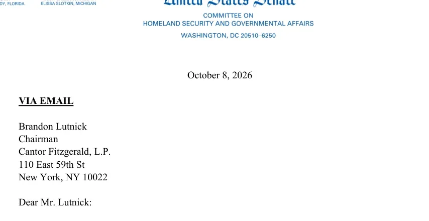 First page of the October 8 2026 Senate Permanent Subcommittee on Investigations letter to Cantor Fitzgerald chairman Brandon Lutnick