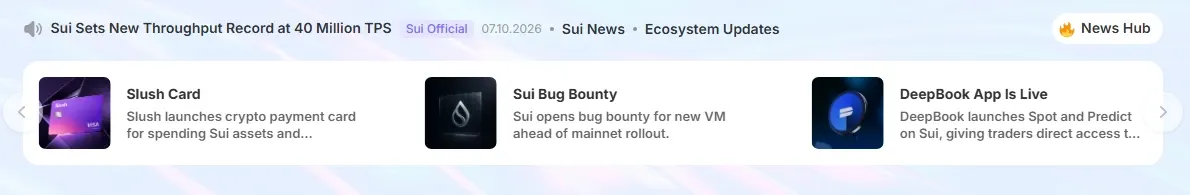 Suiscan home page headline saying Sui sets new throughput record at 40 million TPS dated October 7 2026