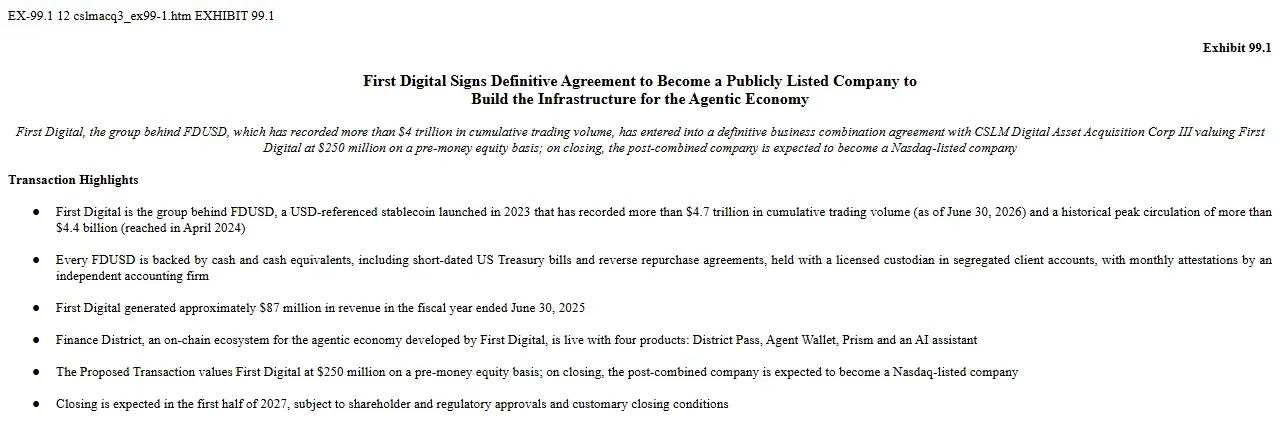 First Digital press release announcing the CSLM business combination and FDUSD figures