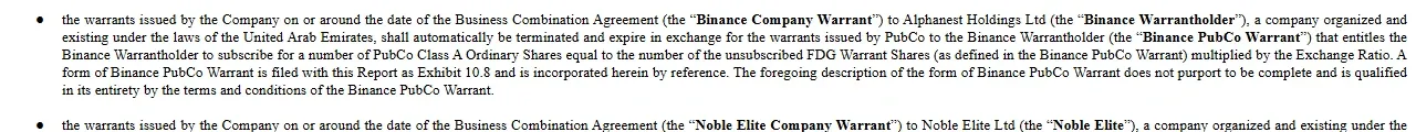 8-K text describing the Binance and Noble Elite warrants in the First Digital merger