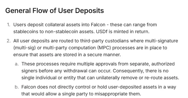Falcon documentation page describing the general flow of user deposits and custodians