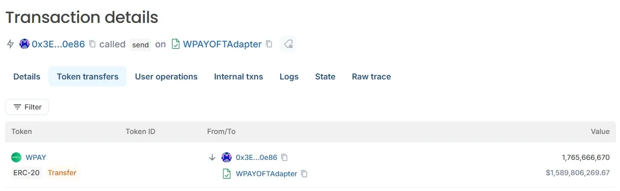 Blockscout transaction page showing a send call on the WPAY OFT adapter for 1,765,666,670 WPAY