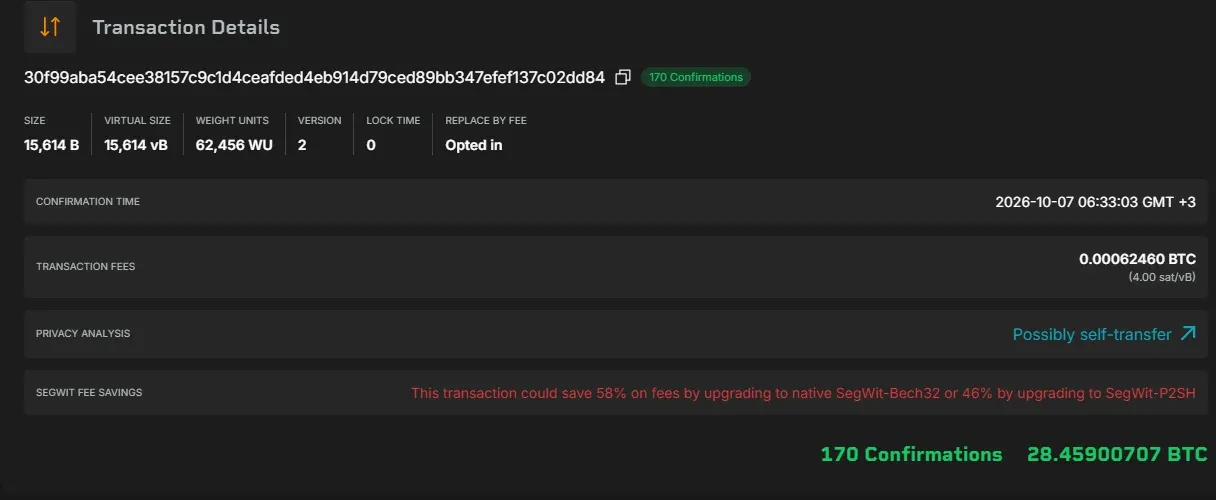 Blockstream page for the Bitcoin transaction that moved 28.459 BTC in block 970281