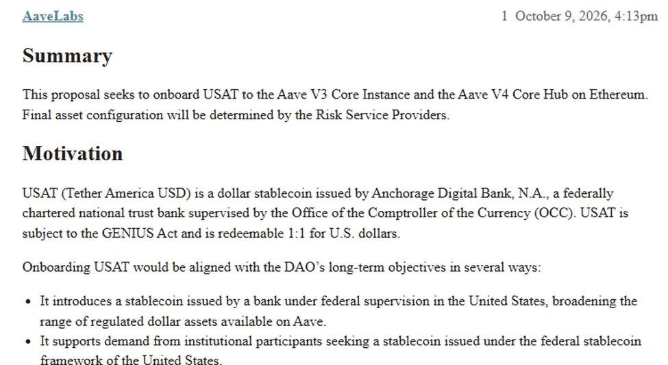 Aave governance ARFC summary proposing to onboard USAT Tether America USD to Aave V3 Core and Aave V4 Core Hub on Ethereum