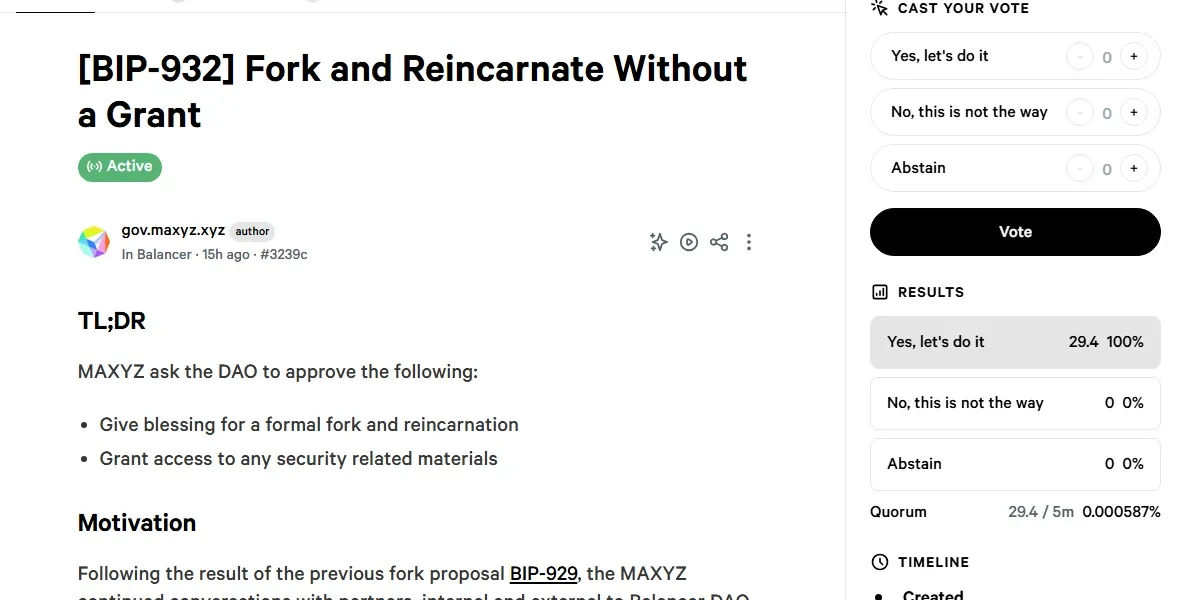 Snapshot page for Balancer BIP-932 Fork and Reincarnate Without a Grant showing vote results and timeline