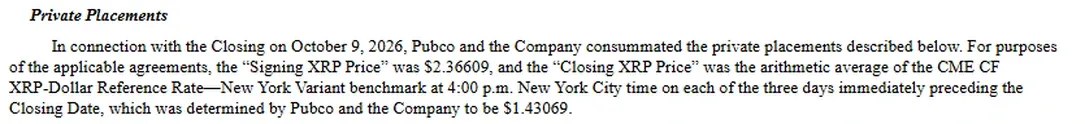 SEC Form 8-K private placements text showing signing XRP price 2.36609 and closing XRP price 1.43069