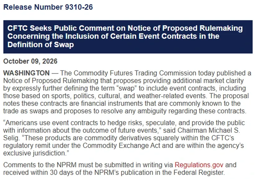 CFTC press release 9310-26 on a proposed rule including event contracts on sports politics and weather in the definition of swap