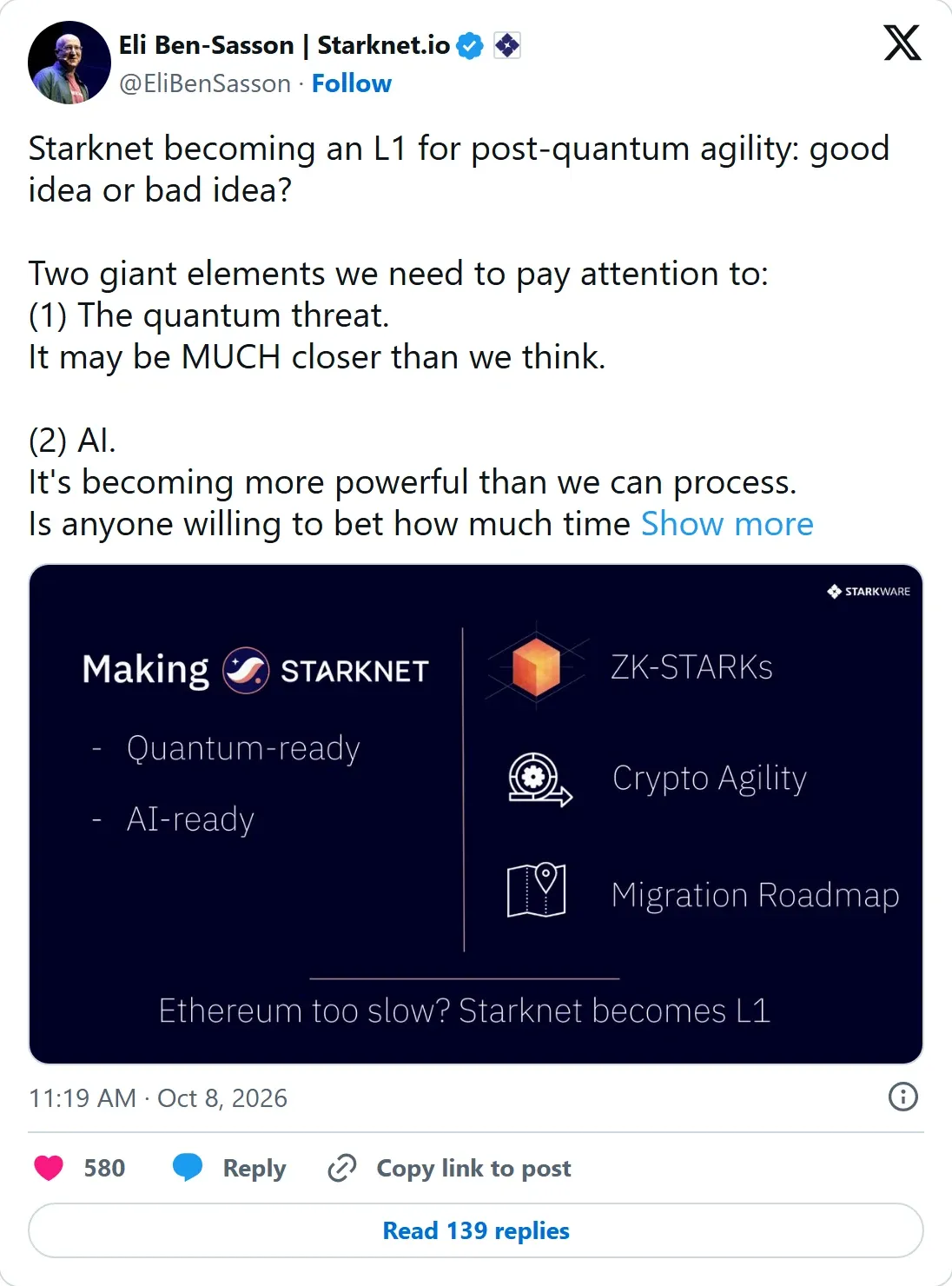 Post by Eli Ben-Sasson on X from October 8 2026 asking whether Starknet becoming an L1 for post-quantum agility is a good idea