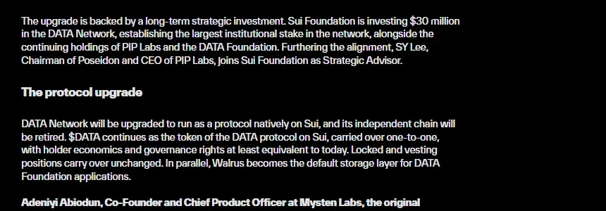 Sui Foundation post section on the 30 million dollar investment and the protocol upgrade that retires the DATA Network chain