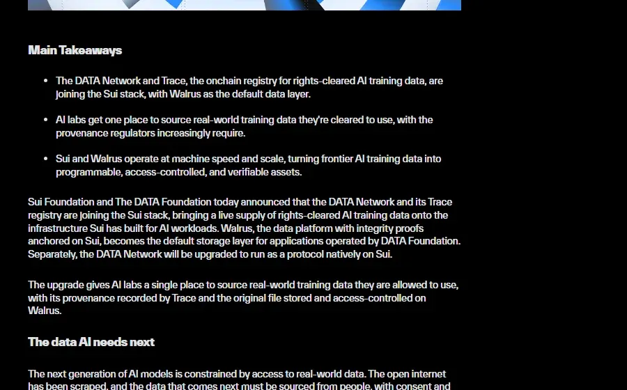 Sui Foundation announcement page with three main takeaways about DATA Network and Trace joining the Sui stack