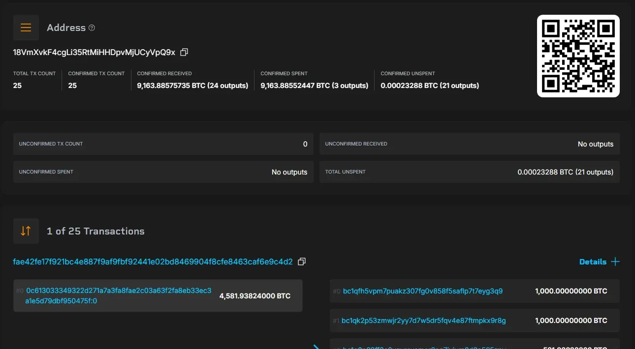 Blockstream address page showing 25 transactions and the October 12 spend