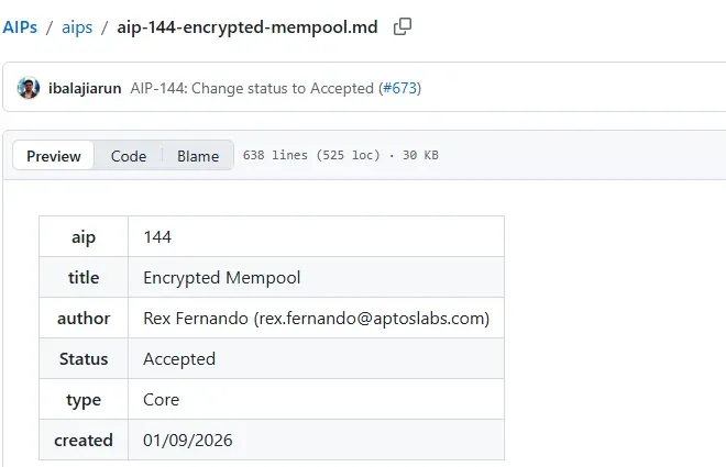Aptos improvement proposal 144 on GitHub showing status Accepted and the Encrypted Mempool summary