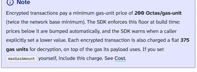 Aptos documentation note on minimum gas price and the 375 gas unit decryption charge