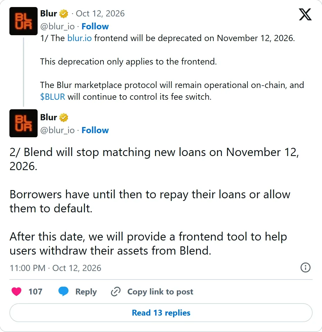Blur's official X thread announcing the November 12 frontend deprecation and the end of Blend loan matching