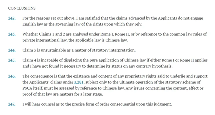 Conclusions section of the High Court judgment stating that Chinese law is the applicable law