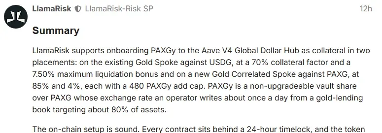 LlamaRisk summary on the Aave governance forum recommending PAXGy as collateral on Aave V4