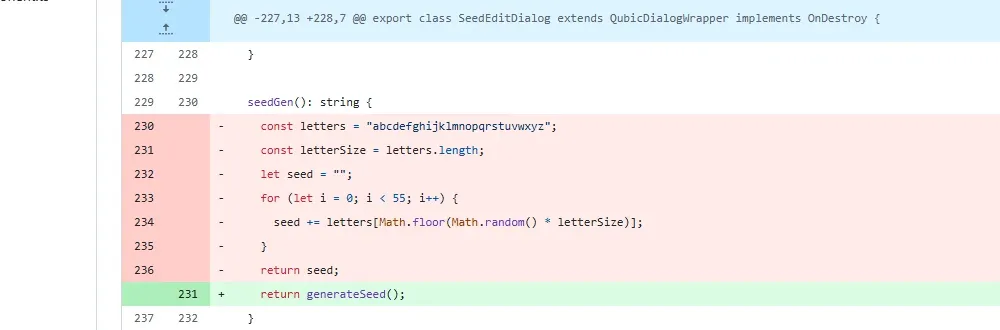 GitHub diff of the qubic wallet commit replacing a Math.random seed loop with generateSeed