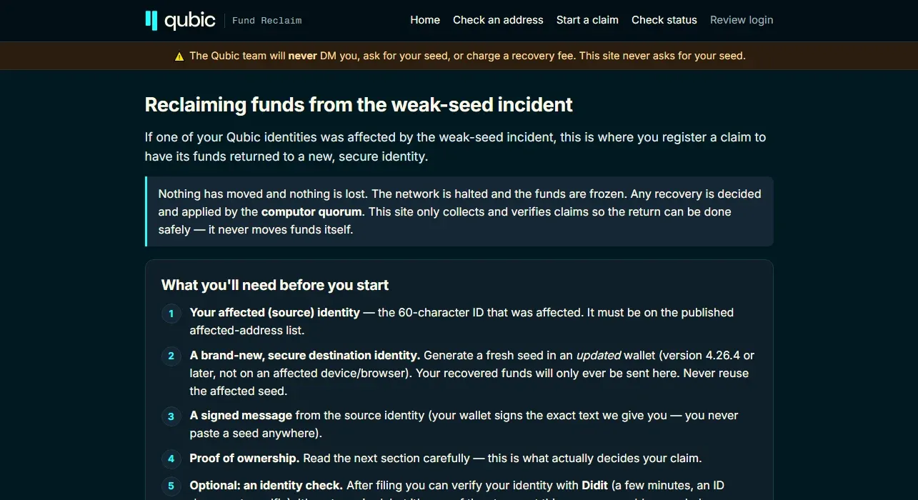 Qubic Fund Reclaim site explaining how to reclaim funds from the weak-seed incident