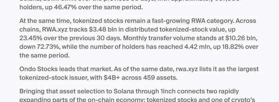 1inch blog paragraph stating that RWA.xyz lists Ondo as the largest tokenized-stock issuer with 4 billion dollars across 459 assets